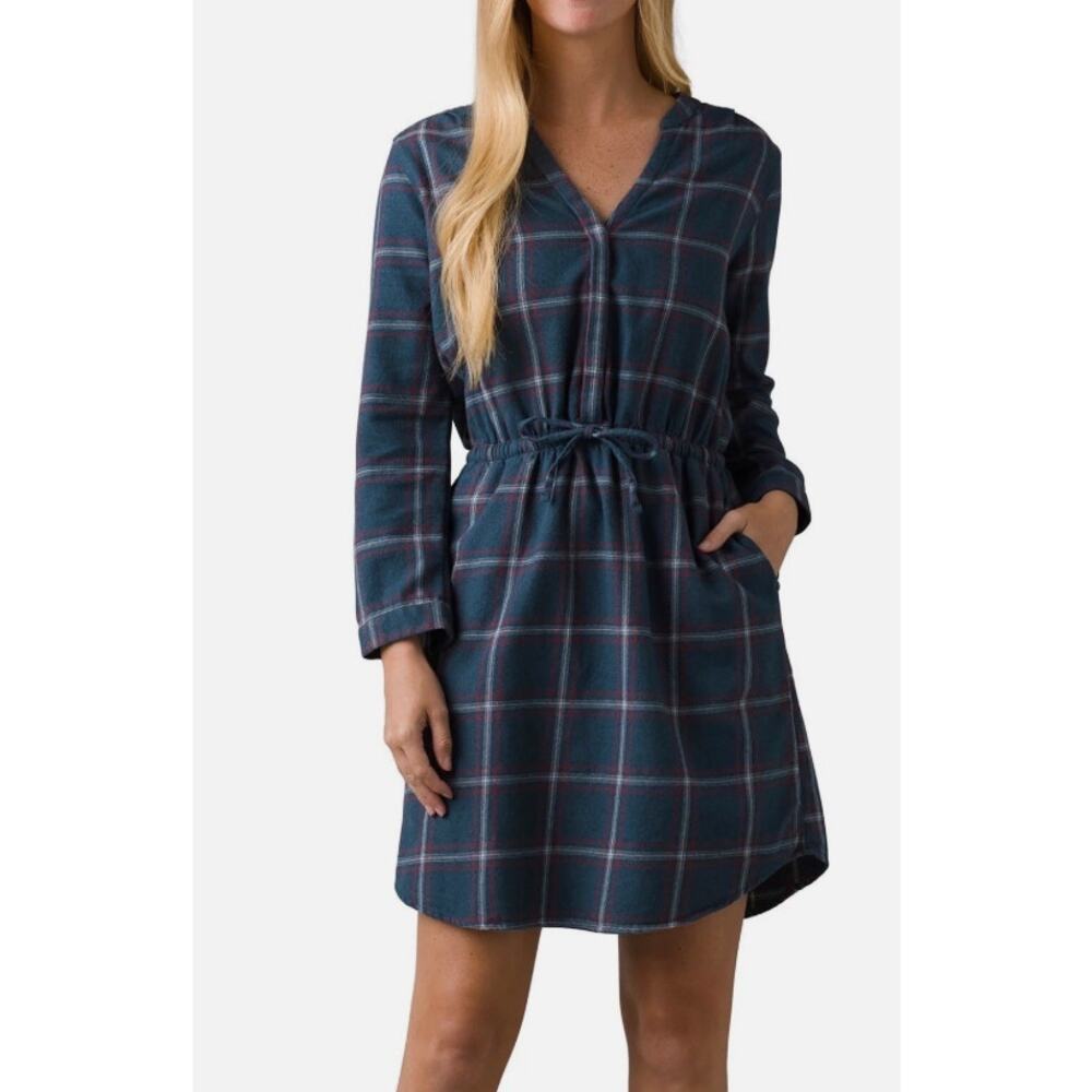 Prana Loop to Pines Organic Cotton Flannel Dress Blue Womens Sz S Relaxed Plaid